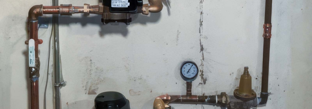 Two black circulator pumps with pressure gauges and isolation valves installed on copper boiler piping.