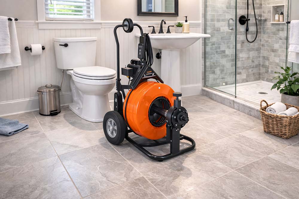 Orange professional drain cleaning machine sitting on a bathroom tile floor between a white toilet and pedestal sink.
