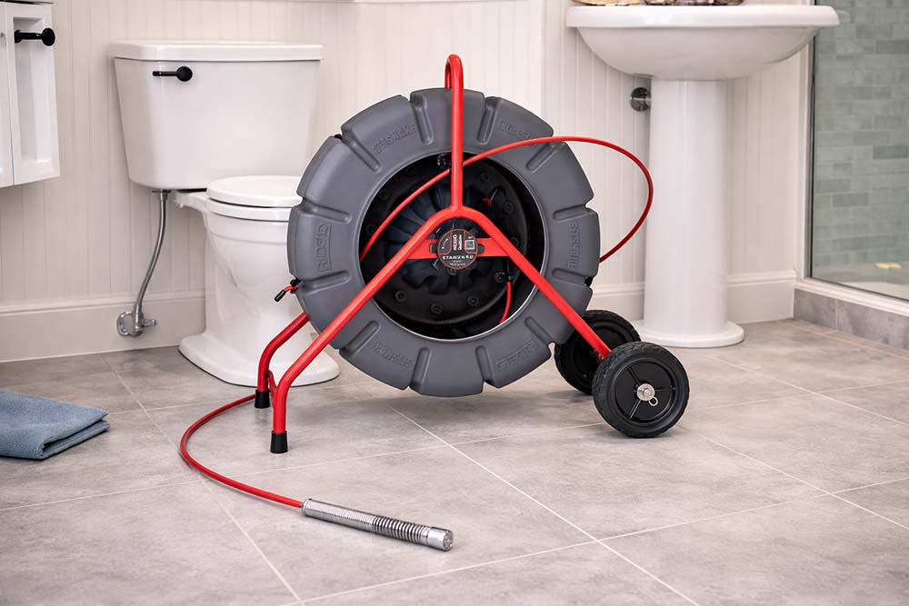Professional drain cleaning machine positioned on a bathroom tile floor beside a white toilet and pedestal sink for video pipe inspection services.