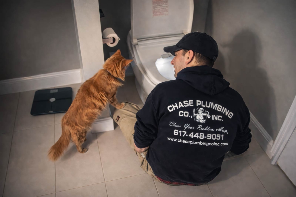 Chase Plumbing Co., Inc. technician crouched beside a toilet during a residential plumbing service while a curious orange cat watches, wearing a branded hoodie with contact information visible.