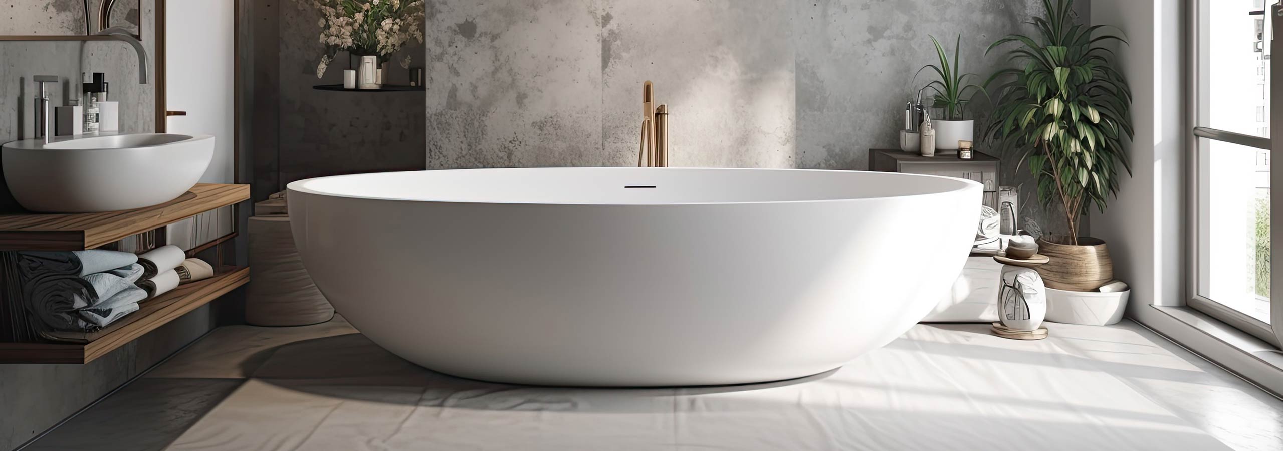 Spa-style bathroom remodel with freestanding soaking tub, concrete-look walls, modern fixtures, and natural light—bathroom remodeling and plumbing services by Chase Plumbing Co., Inc.