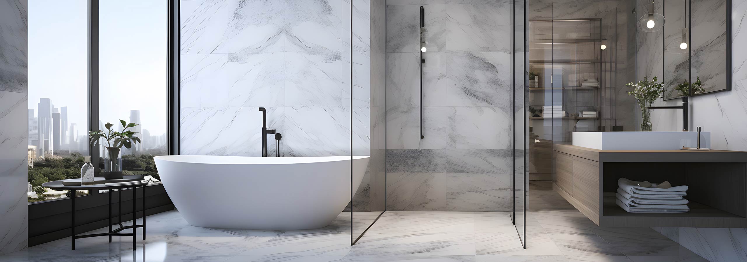 Modern luxury bathroom remodel with freestanding tub, glass shower, marble-look tile, floating vanity, and large window—bathroom remodeling and plumbing by Chase Plumbing Co., Inc.