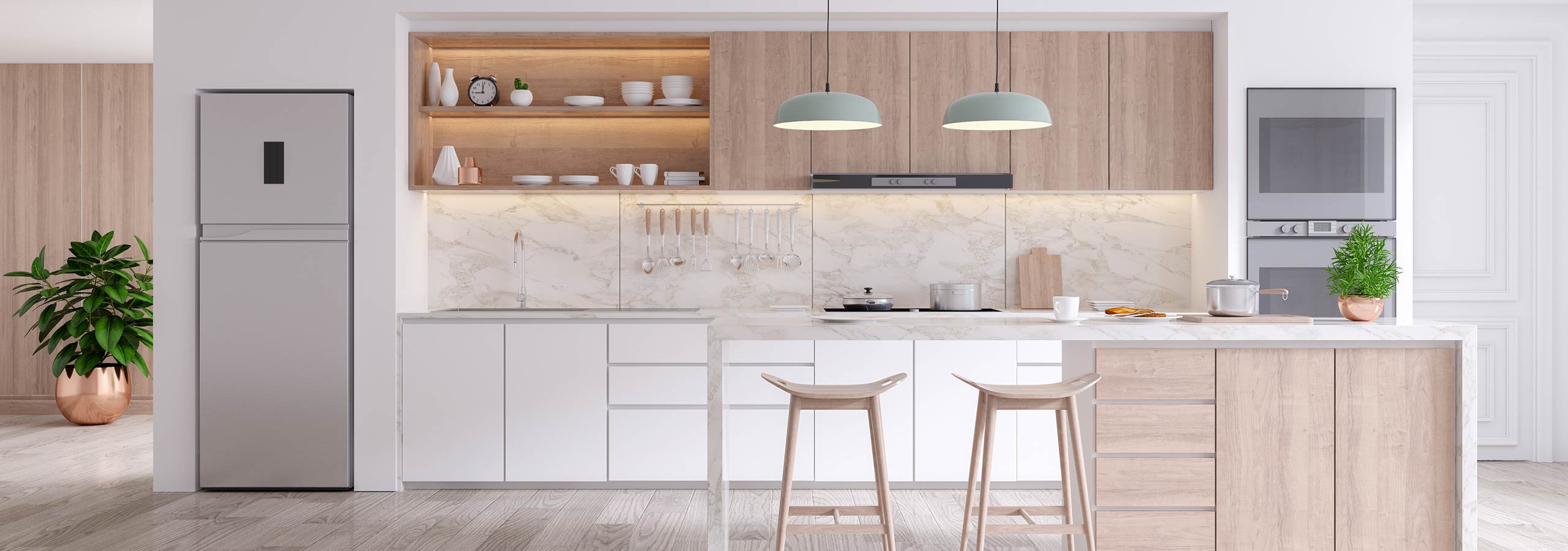 Bright modern kitchen remodel with white cabinetry, wood accents, marble backsplash, and island—kitchen remodeling and plumbing services by Chase Plumbing Co., Inc.